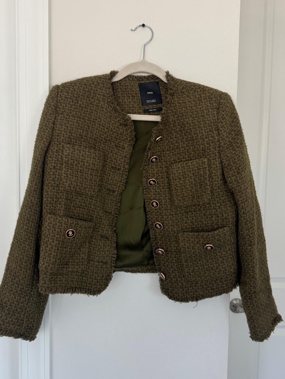Mango Olive Tweed Boxy Crop Jacket